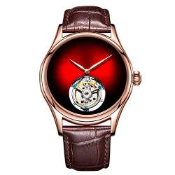 Guanqin Analoge mechanische Handaufzieh-Armbanduhr für Herren, Edelstahl und Leder, Saphir, männliches Skelett, echtes Tourbillon, Leopardenauge, wasserdicht, leuchtend, Rosarot Braun, M, 42mm, von Guanqin