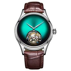 Guanqin Analoge mechanische Handaufzieh-Armbanduhr für Herren, Edelstahl und Leder, Saphir, männliches Skelett, echtes Tourbillon, Leopardenauge, wasserdicht, leuchtend, Silber, Grün, Braun, M, 42mm, von Guanqin