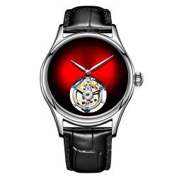 Guanqin Analoge mechanische Handaufzieh-Armbanduhr für Herren, Edelstahl und Leder, Saphir, männliches Skelett, echtes Tourbillon, Leopardenauge, wasserdicht, leuchtend, Silber, Rot, Schwarz, M, 42mm, von Guanqin