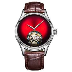 Guanqin Analoge mechanische Handaufzug Armbanduhr Herren Edelstahl und Leder Saphir Männlich Skelett Echtes Tourbillon Leopard Eye Uhr Wasserdicht Leuchtend, Silver Red Brown, M, 42mm,, TFL7017G von Guanqin