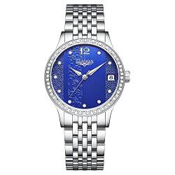 Guanqin Automatikuhren, selbstaufziehend, für Damen, Edelstahl-Uhr, einfaches Kleid, mechanische Damen-Armbanduhr, Datum, leuchtend, wasserdicht, Gj16188 Silver Blue, 32 mm, Armband von Guanqin