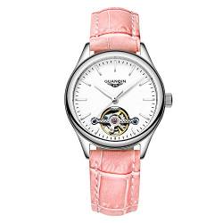 Guanqin Automatische Damen-Armbanduhr mit kratzfestem Saphir-Kristallglas, Edelstahl-Leder-Armband, selbstaufziehende Uhren für Damen, Silber, Weiß, Rosa, Gurt von Guanqin