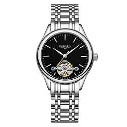 Guanqin Automatische Damen-Armbanduhr mit kratzfestem Saphir-Kristallglas, Edelstahl-Leder-Armband, selbstaufziehende Uhren für Damen, silber, schwarz, Armband von Guanqin