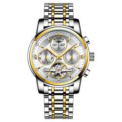 Guanqin Automatische Mechanische Armbanduhr Männer Sport Armbanduhr Tourbillon Uhr Männlich, Goldweiß, Armband von Guanqin