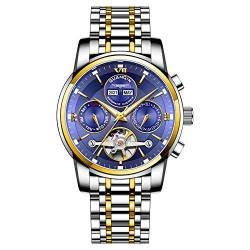 Guanqin Automatische mechanische Armbanduhr Herren Sport Armbanduhr Tourbillon Uhr Stecker, Goldfarben/Blau, Armband von Guanqin