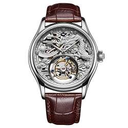 Guanqin Echte mechanische Herren-Armbanduhr mit Handaufzug, fliegendes Tourbillon-Skelett, Herrenuhr, Business-Kleid, Armbanduhr, Saphir-Lederband, chinesisches Drachen-Zifferblatt, Silber, Weiß, von Guanqin