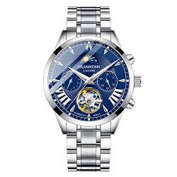 Guanqin Herren Analog Automatik Selbstaufzug Mechanische Skelett Armbanduhr mit Edelstahl/Leder Band Mondphase Leuchtend, silber, blau, Armband von Guanqin