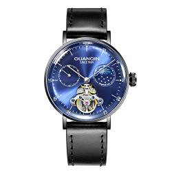 Guanqin Herren Analog Automatik Selbstaufzug Mechanische Skelett Armbanduhr mit Lederband Mondphase, blau / schwarz, Gurt von Guanqin