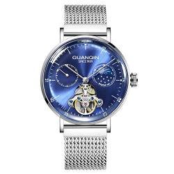 Guanqin Herren Analog Automatik Selbstaufzug Mechanische Skelett Armbanduhr mit Lederband Mondphase, silber, blau, Armband von Guanqin
