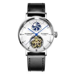 Guanqin Herren Analog Automatik Selbstaufzug Mechanische Skelett Armbanduhr mit Lederband und Mondphase, Silber Weiß Schwarz, Gurt von Guanqin