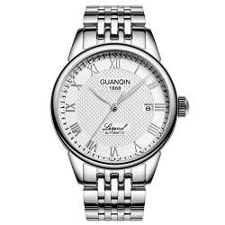 Guanqin Herren Analog Automatisch Selbstaufzug Mechanische Edelstahl Leder Business Armbanduhr Datum Kalender Wasserdicht, silberfarben / weiß, Armband von Guanqin