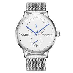 Guanqin Herren-Armbanduhr mit Kalender, analog, automatisch, selbstaufziehend, mechanische Armbanduhr mit Edelstahl-Lederband, Stahl Silber Weiß, Armband von Guanqin