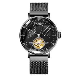 Guanqin Herren-Armbanduhr mit Kalender, analog, automatisch, selbstaufziehend, mechanische Skelett-Armbanduhr mit Stahlband, Schwarz , Armband von Guanqin