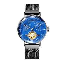 Guanqin Herren-Armbanduhr mit Kalender, analog, automatisch, selbstaufziehend, mechanische Skelett-Armbanduhr mit Stahlband, blau / schwarz, Armband von Guanqin