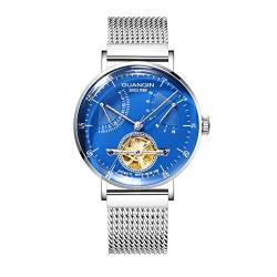 Guanqin Herren-Armbanduhr mit Kalender, analog, automatisch, selbstaufziehend, mechanische Skelett-Armbanduhr mit Stahlband, silber, blau, Armband von Guanqin