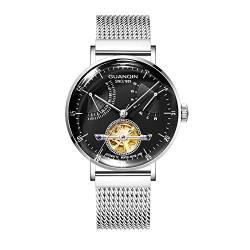 Guanqin Herren-Armbanduhr mit Kalender, analog, automatisch, selbstaufziehend, mechanische Skelett-Armbanduhr mit Stahlband, silber, schwarz, Armband von Guanqin
