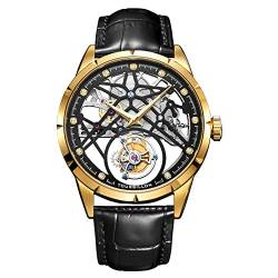 Guanqin Herren Mechanische Handaufzug Echte Tourbillon Skelett Business Kleid Leuchtende Armbanduhr Lederband, Goldfarben / Schwarz, Gurt von Guanqin