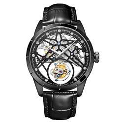 Guanqin Herren Mechanische Handaufzug Echtes Tourbillon Skelett Business Kleid Leuchtende Armbanduhr Lederband, Schwarz , Riemen von Guanqin