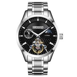 Guanqin Herren Mondphase Skelett Uhren Analog Automatik Selbstaufzug Mechanische Armbanduhr mit Edelstahl Armband, silber, schwarz, Armband von Guanqin