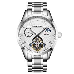 Guanqin Herren Mondphase Skelett Uhren Analog Automatik Selbstaufzug Mechanische Armbanduhr mit Edelstahl Armband, silberfarben / weiß, Armband von Guanqin