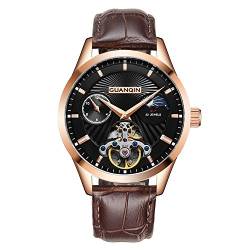 Guanqin Herren Mondphase Skelett Uhren Analog Automatik Selbstaufzug Mechanische Armbanduhr mit Lederband, Roségold Schwarz, Gurt von Guanqin