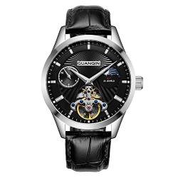 Guanqin Herren Mondphase Skelett Uhren Analog Automatik Selbstaufzug Mechanische Armbanduhr mit Lederband, silber, schwarz, Gurt von Guanqin