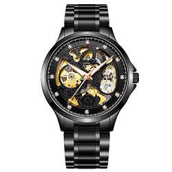 Guanqin Herren Skelett Analog Automatik Selbstaufzug Mechanische Armbanduhr mit Stahlband Leuchtend, Schwarz , Armband von Guanqin