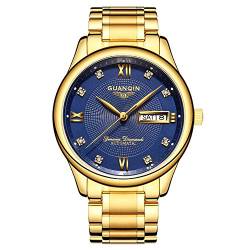 Guanqin Herren Uhr Analog Automatik mit Edelstahl Armband GJ16050 Gold Blau von Guanqin