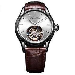 Guanqin Mechanische Handaufzug Armbanduhr Skelett Tourbillon Uhr Herren Edelstahl Durchsichtige Rückseite Saphirglas Echtes Leder Band Männlich Leuchtende Uhr Wasserdicht, Silber, Weiß, Braun, Gurt von Guanqin