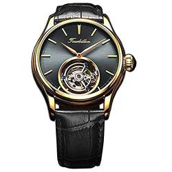 Guanqin Mechanische Handaufzug Armbanduhr Skelett Tourbillon Uhr Herren Edelstahl Durchsichtige Rückseite Saphirglas Echtleder Band Männlich Leuchtende Uhr Wasserdicht, Goldfarben / Schwarz, Riemen von Guanqin