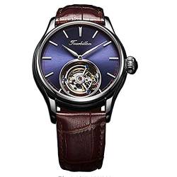 Guanqin Mechanische Handaufzug Armbanduhr Skelett Tourbillon Uhr Herren Edelstahl Durchsichtige Rückseite Saphirglas Echtleder Band Männlich Leuchtende Uhr Wasserdicht, Silber, Lila, Braun, Riemen von Guanqin