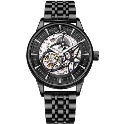 Guanqin Skelett Automatik Selbstaufzug Vintage Armbanduhr Herren Mechanische Business Armbanduhr Edelstahl Echtes Leder Saphirglas Wasserdicht Uhr Leuchtend, Schwarzer Stahl, M, Armband von Guanqin