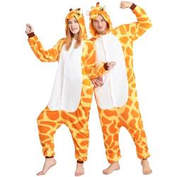 Erwachsene Onesie Kostüm Giraffe Tier Schlafanzug Jumpsuit, Plüsch Damen Herren Pyjamas mit Kapuze, Unisex Sleepsuit Overall Kleidung für Karneval Cosplay von Guiffly