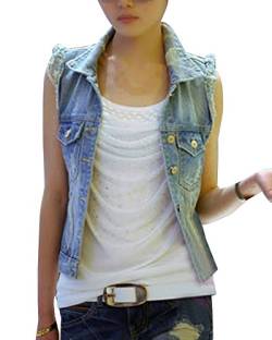 Guiran Damen Ärmellos Jacken Kurze Jeansjacke Vintage Destroyed Jeansweste Slim Fit Westen Hellblau M von Guiran