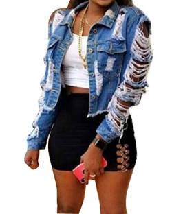 Guiran Damen Casual Langarm Jeansjacke Zerrissen Jean Outwear Mantel Denim Jacket Blau M von Guiran