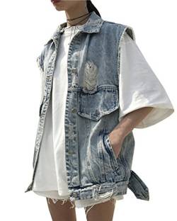 Guiran Damen Jeansjacke Ärmellos Jacken Vintage Destroyed Jeansweste Denim Westen Oversize Hellblau OneSize von Guiran