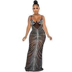 Guiran Damen Sommer Maxi Midi Wickelkleid V-Ausschnitt Casual Party Hot Diamond Sling Wrap Brust Mesh Sheer Maxi Kleid Flowy Maxi Kleid Frauen von Guiran