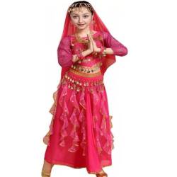 Kinder Mädchens Damen Bauchtänzerin Indische Langarm Top Rock Tanzkleid Kostüme Rose XL Höhengeeignet 135-150CM von Guiran