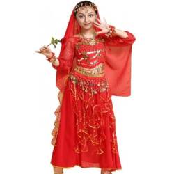 Kinder Mädchens Damen Bauchtänzerin Indische Langarm Top Rock Tanzkleid Kostüme Rot XL Höhengeeignet 135-150CM von Guiran