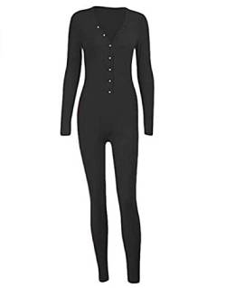 Damen Sexy Butt Button Back Flap Jumpsuit Pyjama V-Ausschnitt Langarm One Piece Bodycon Strampler Onesies (Schwarz, S) von GuliriFe