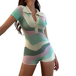 Damen Sexy Kurzarm Strampler Jumpsuit Gestrickter V-Ausschnitt Button Down Y2K Playsuit Einteiliger Body (z1, M) von GuliriFe