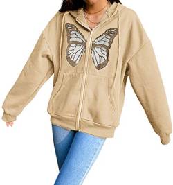 Damen Y2K Sweatshirt Übergroße Schmetterling Grafik Strass Zip Up Hoodies E-Girl Jahre Jahre Grauer Diamant Streetwear Jacke (Beige, L) von GuliriFe