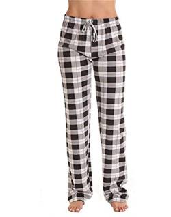 GuliriFe Damen Baumwolle Schlafanzughose Pyjamahose Nachtwäsche Hose Lang Sleep Hose Pants Kariert (Schwarz, M) von GuliriFe