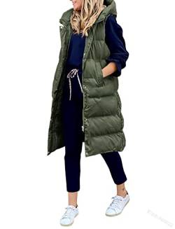 GuliriFe Lange Jacke Weste für Damen Ärmellose Daunenweste Kapuzenweste Lange Steppweste Winteroberbekleidung (Armeegrün, S) von GuliriFe