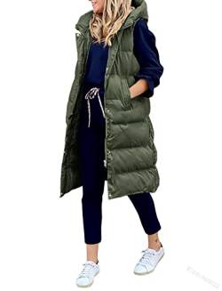 GuliriFe Lange Jacke Weste für Damen Ärmellose Daunenweste Kapuzenweste Lange Steppweste Winteroberbekleidung (Armeegrün, XL) von GuliriFe