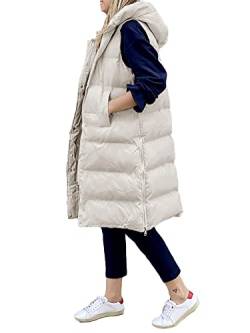 GuliriFe Lange Jacke Weste für Damen Ärmellose Daunenweste Kapuzenweste Lange Steppweste Winteroberbekleidung (Beige, XL) von GuliriFe