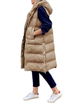 GuliriFe Lange Jacke Weste für Damen Ärmellose Daunenweste Kapuzenweste Lange Steppweste Winteroberbekleidung (Khaki, XL) von GuliriFe