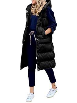 GuliriFe Lange Jacke Weste für Damen Ärmellose Daunenweste Kapuzenweste Lange Steppweste Winteroberbekleidung (Schwarz, L) von GuliriFe