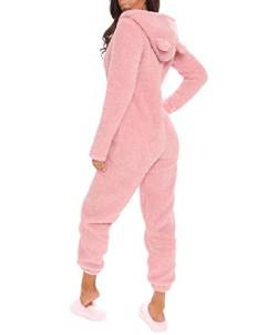 Damen Plüsch Pyjama Set Onesies Schlaf Overall Fleece Reißverschluss Hoodie Strampler Langarm Ohren Hut Nachtwäsche Gr. 38, rose von GuliriFei