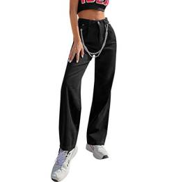 Damen Y2K Jeans High Waist Straight Wide Leg Hose E-Girl Baggy Denim Jeans Loose Flare Pants mit Kette Streetwear, Schwarz , XS von GuliriFei